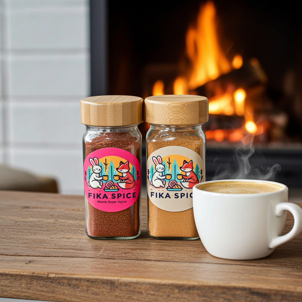 Two jars of Fika Spice with a steaming cup of coffee in front of a fireplace. Fika Spice Scandinavian coffee spice blend with cinnamon and cardamom crated with antioxidant-rich spices for a daily healthy treat.