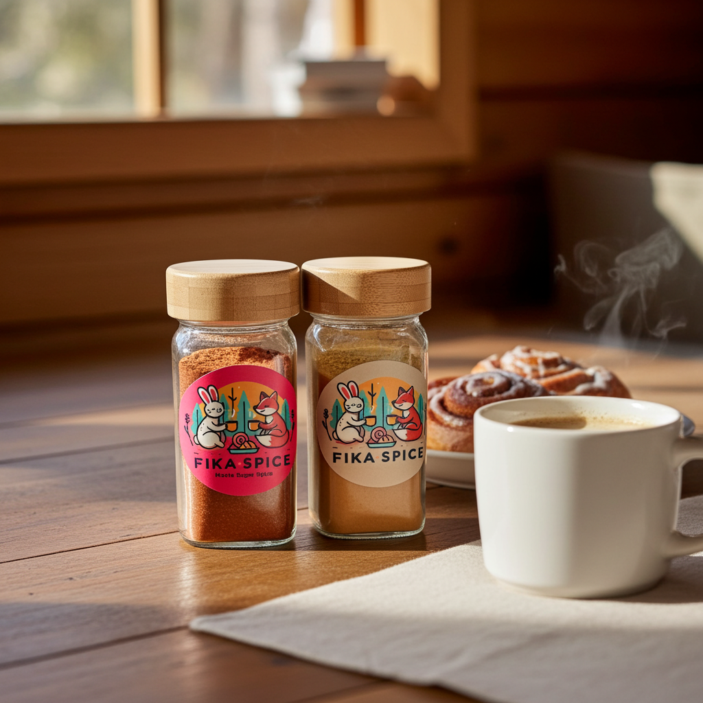 Two jars of Fika Spice on a wooden table with a cup of coffee and pastries for a quiet Fika alone. 