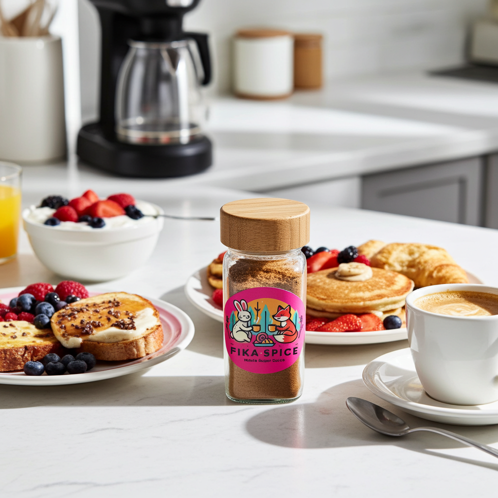 Fika Spice bottle on a kitchen counter with pancakes, fruit, and coffee ready for a filling Fika. Fika Spice Scandinavian coffee spice blend with cinnamon and cardamom crated with antioxidant-rich spices for a daily healthy treat.