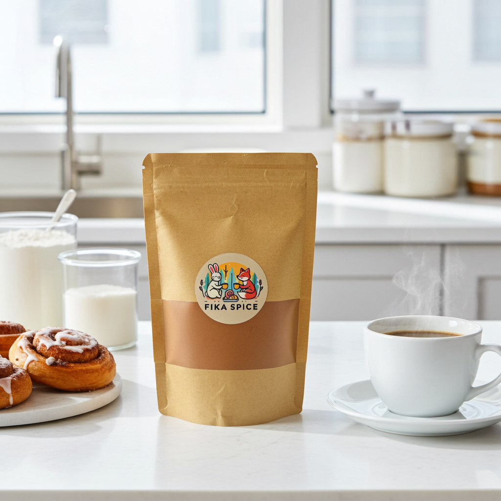 Kraft paper coffee bag with 'Fika Spice' label on a kitchen counter with a cup of coffee and pastries. Fika Spice Scandinavian coffee spice blend with cinnamon and cardamom crated with antioxidant-rich spices for a daily healthy treat.