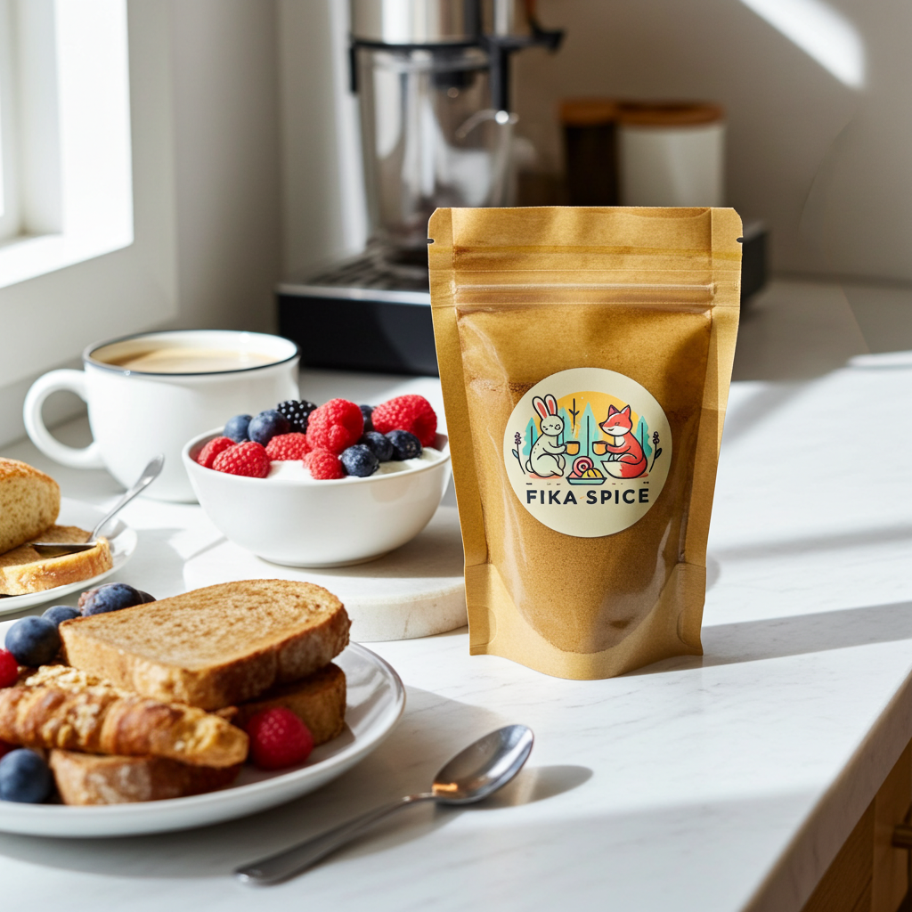 Fika Spice package on a breakfast table with coffee, berries, and toast. Fika Spice Scandinavian coffee spice blend with cinnamon and cardamom crated with antioxidant-rich spices for a daily healthy treat.