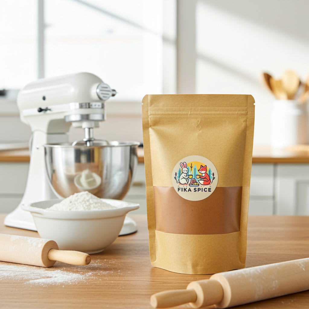 Kraft paper bag with 'FIKA SPICE' label on a kitchen counter with mixer and rolling pin. Fika Spice Scandinavian coffee spice blend with cinnamon and cardamom crated with antioxidant-rich spices for a daily healthy treat.