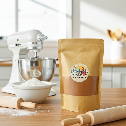 Kraft paper bag with 'FIKA SPICE' label on a kitchen counter with mixer and rolling pin. Fika Spice Scandinavian coffee spice blend with cinnamon and cardamom crated with antioxidant-rich spices for a daily healthy treat.