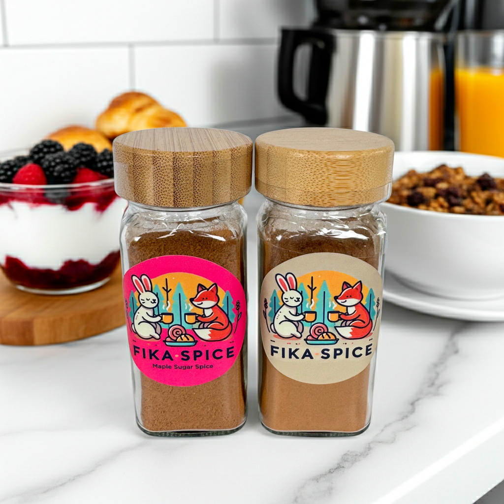 Two glass jars of Fika Spice with wooden lids on a kitchen counter. Fika Spice Scandinavian coffee spice blend with cinnamon and cardamom crated with antioxidant-rich spices for a daily healthy treat.